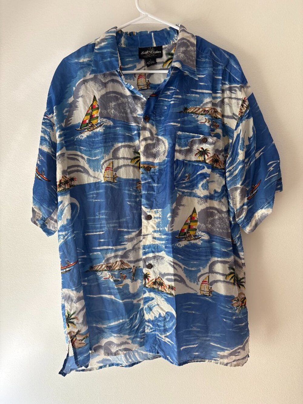 Vintage 90s Silk Traders Hawaiian Shirt 🏝️ 100% Silk Ocean Sailboat Paradise L